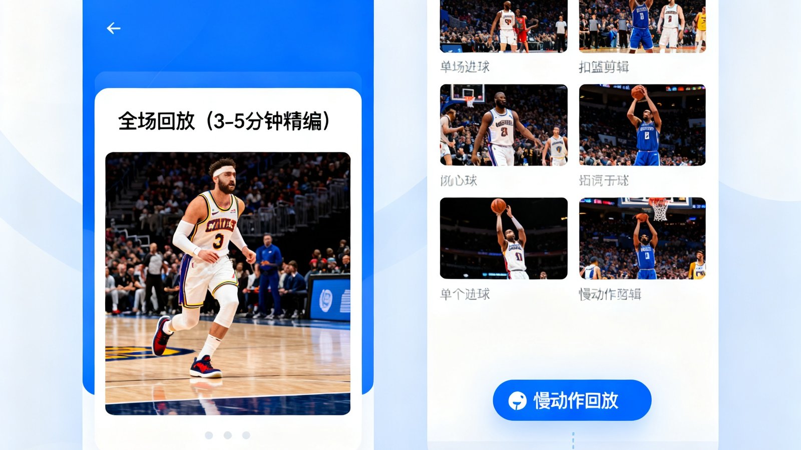 视频集锦页面包含全场回放（3-5分钟精编）和单个进球/扣篮剪辑，支持慢动作回放